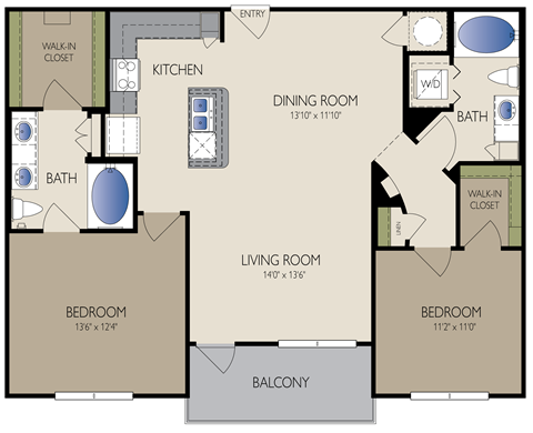 Floor plan for 2 beds, 2 baths, 1121 sqft